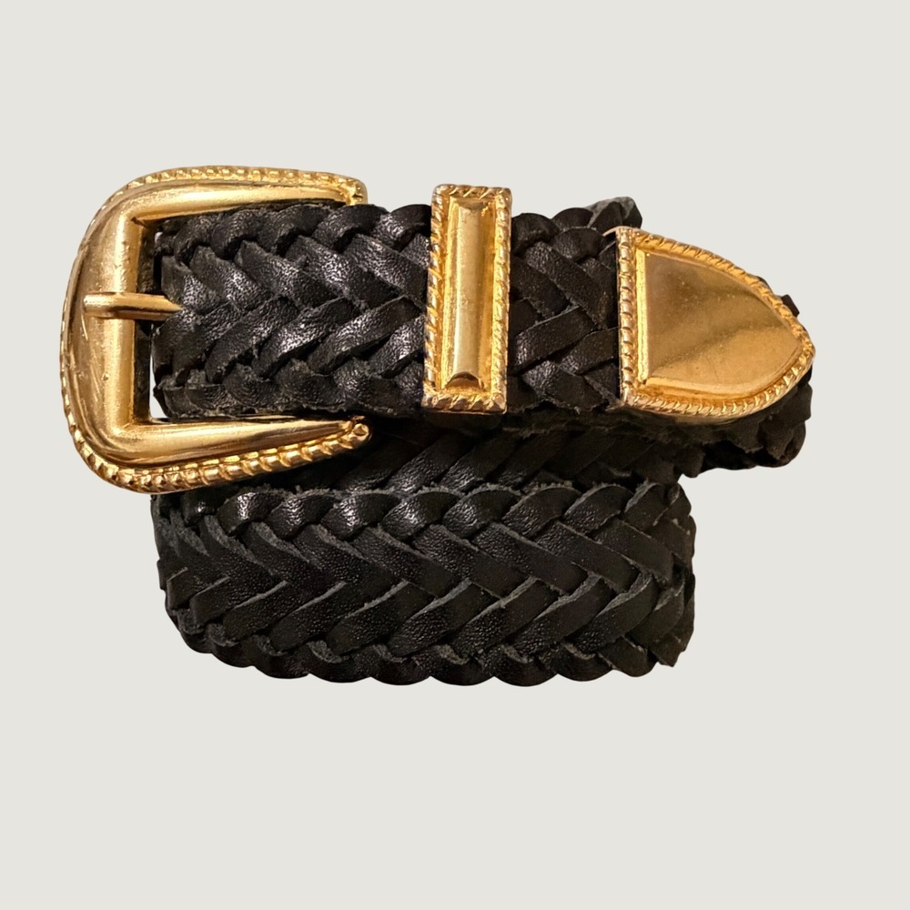 Vintage Womens Black Braided Leather Western Belt Gold Buckle Tip Size Small